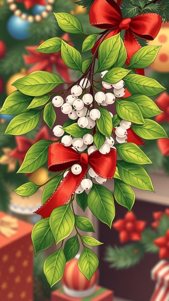 An artistic depiction of mistletoe with green leaves and white berries, decorated with a red ribbon for Christmas.